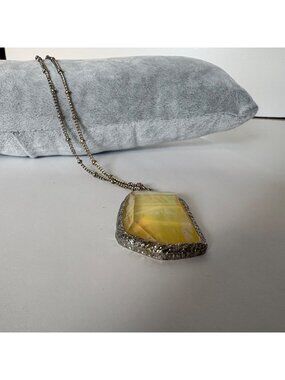 Iridescent Yellow Faceted Pendant Necklace Silver Tone Long Chain